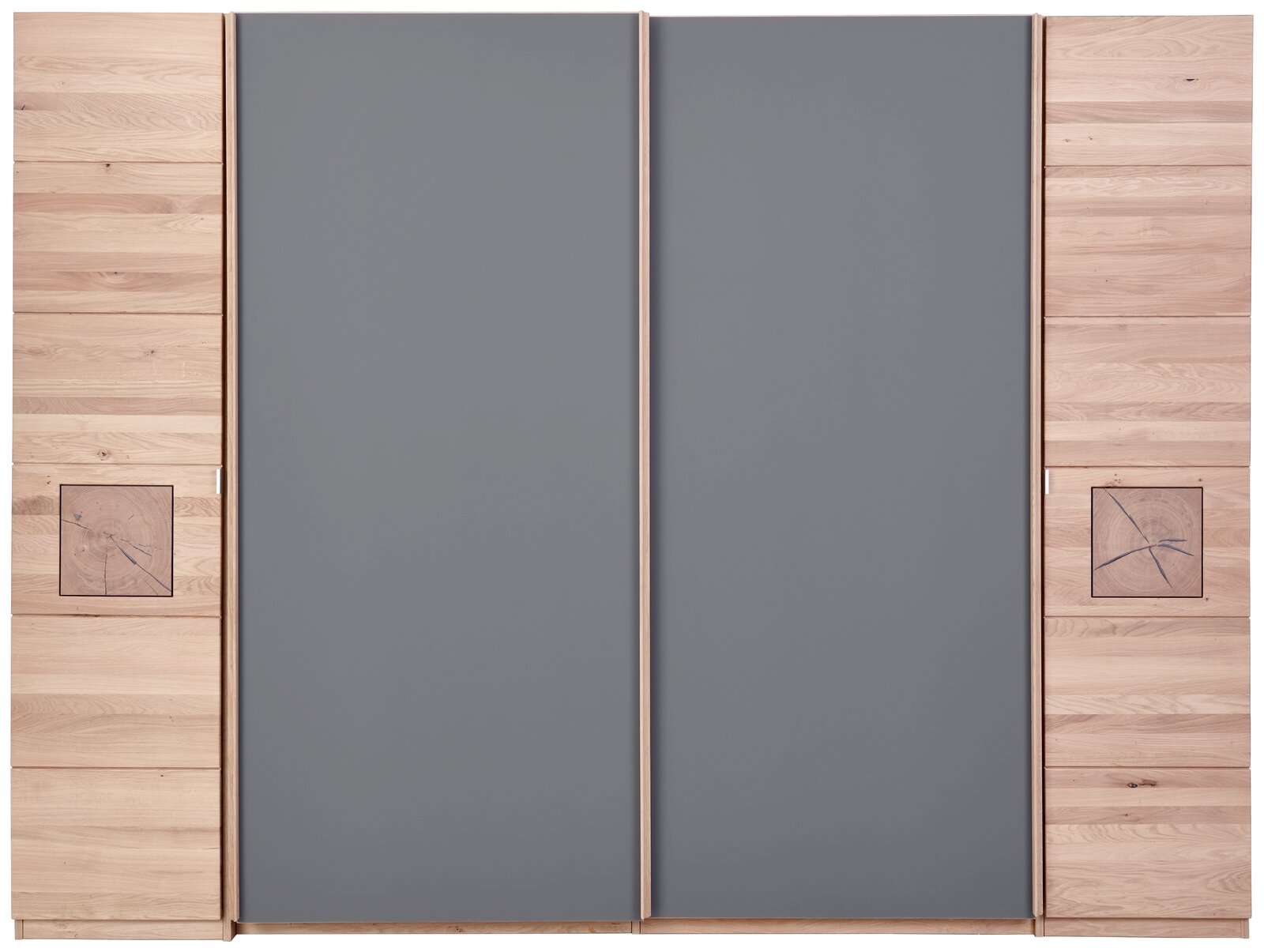 Schwebetürenschrank mit grauen Türen und Holzverkleidung, Frontalansicht