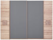 Schwebetürenschrank mit grauen Türen und Holzverkleidung, Frontalansicht