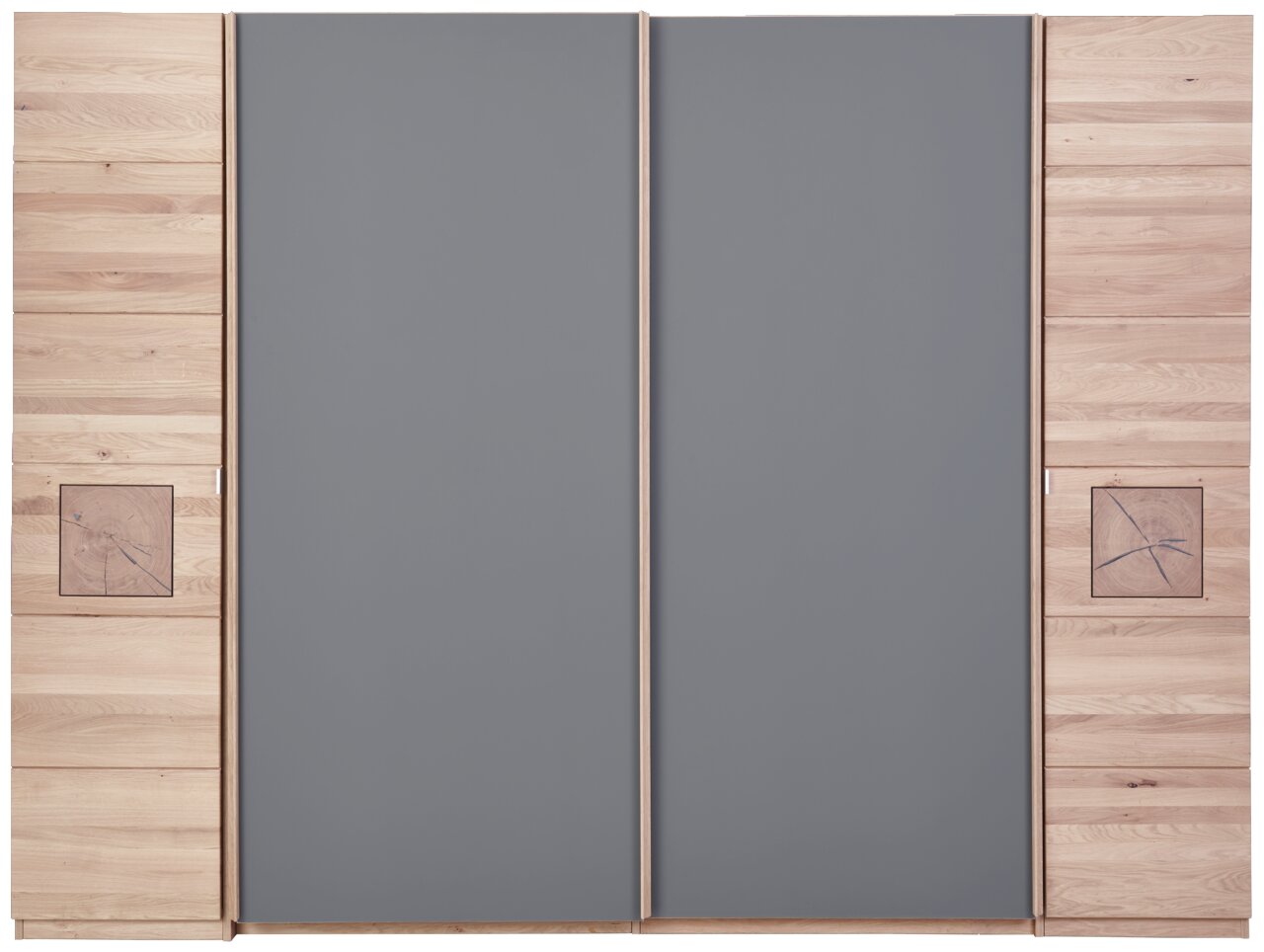 Schwebetürenschrank mit grauen Türen und Holzverkleidung, Frontalansicht
