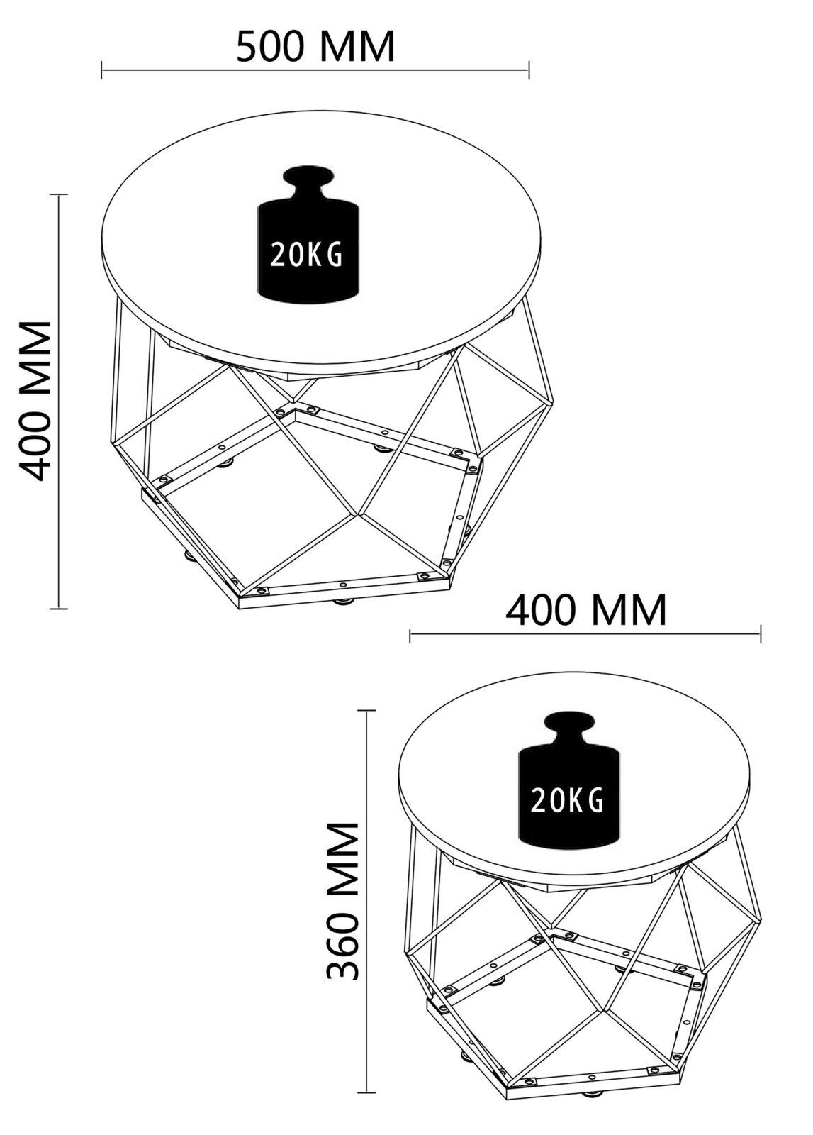 Technische Zeichnung eines runden Beistelltischs/Couchtischs mit Metallgestell, Maße 500 mm Durchmesser und 400 mm Höhe (zweite Ansicht 400 mm Durchmesser und 360 mm Höhe) sowie 20-kg-Belastungsangabe, gezeigt in schräger Draufsicht.