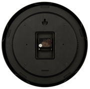 Rückansicht einer runden Wanduhr mit schwarzem Gehäuse und sichtbarem Uhrwerk.