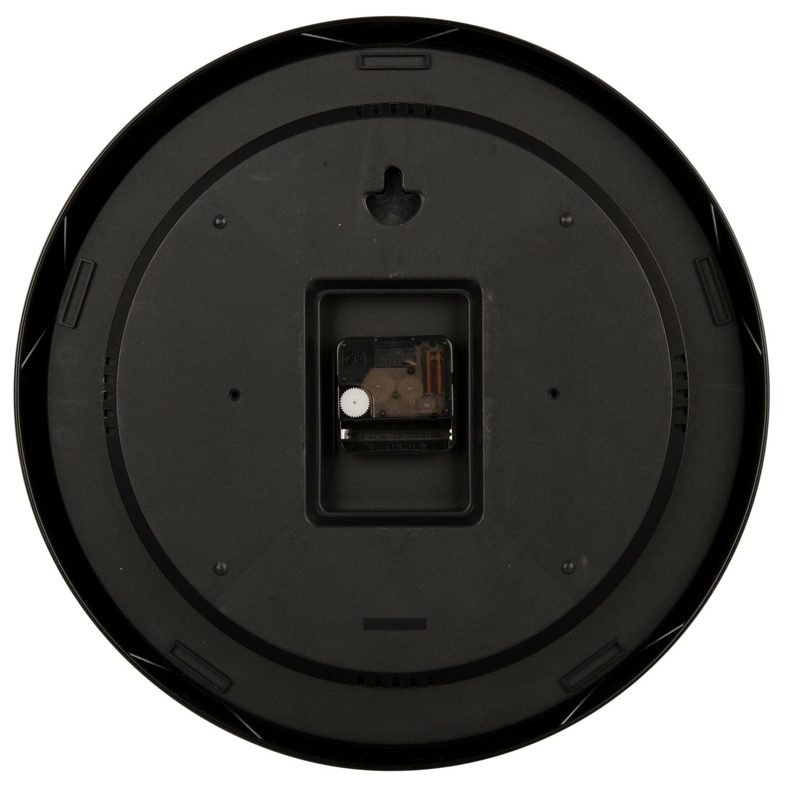 Rückansicht einer runden Wanduhr mit schwarzem Gehäuse und sichtbarem Uhrwerk.