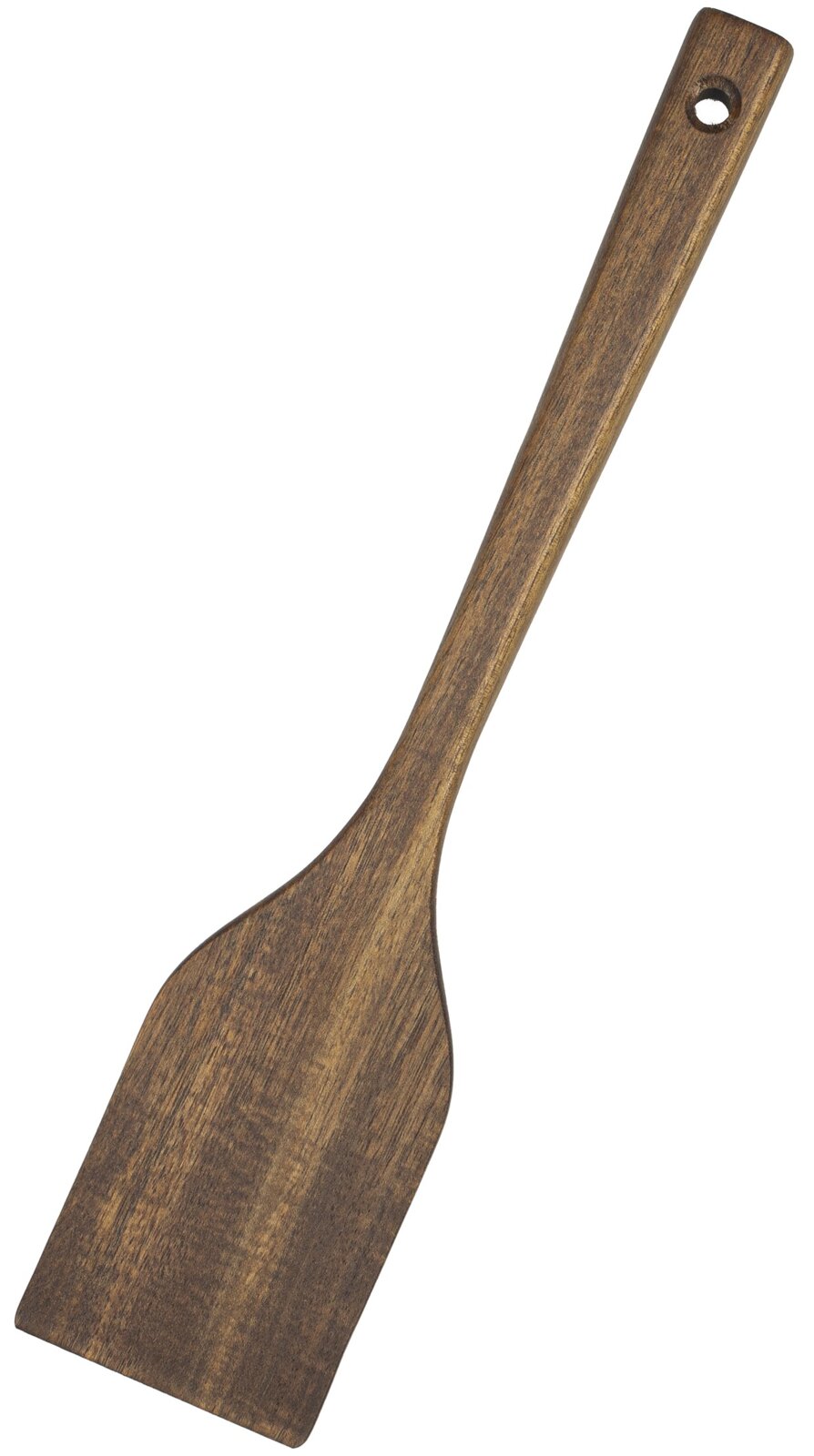 Justinus Spatel WOODLINE Holz-Kochspatel mit flacher, breiter Schaufel und Aufhängeloch im Griff, freigestellt auf weißem Hintergrund, Ansicht von oben (Top-Down)