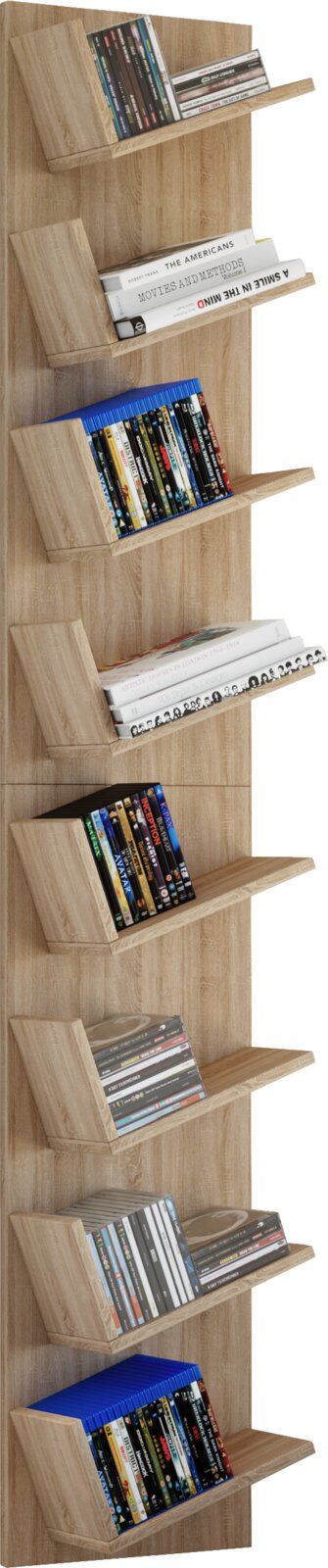 Schmales, wandmontiertes Regal in Eiche-Optik mit mehreren schrägen Ablagen für Bücher und DVDs, gefüllt mit Medien, frontale Ansicht mit leicht seitlicher Perspektive.