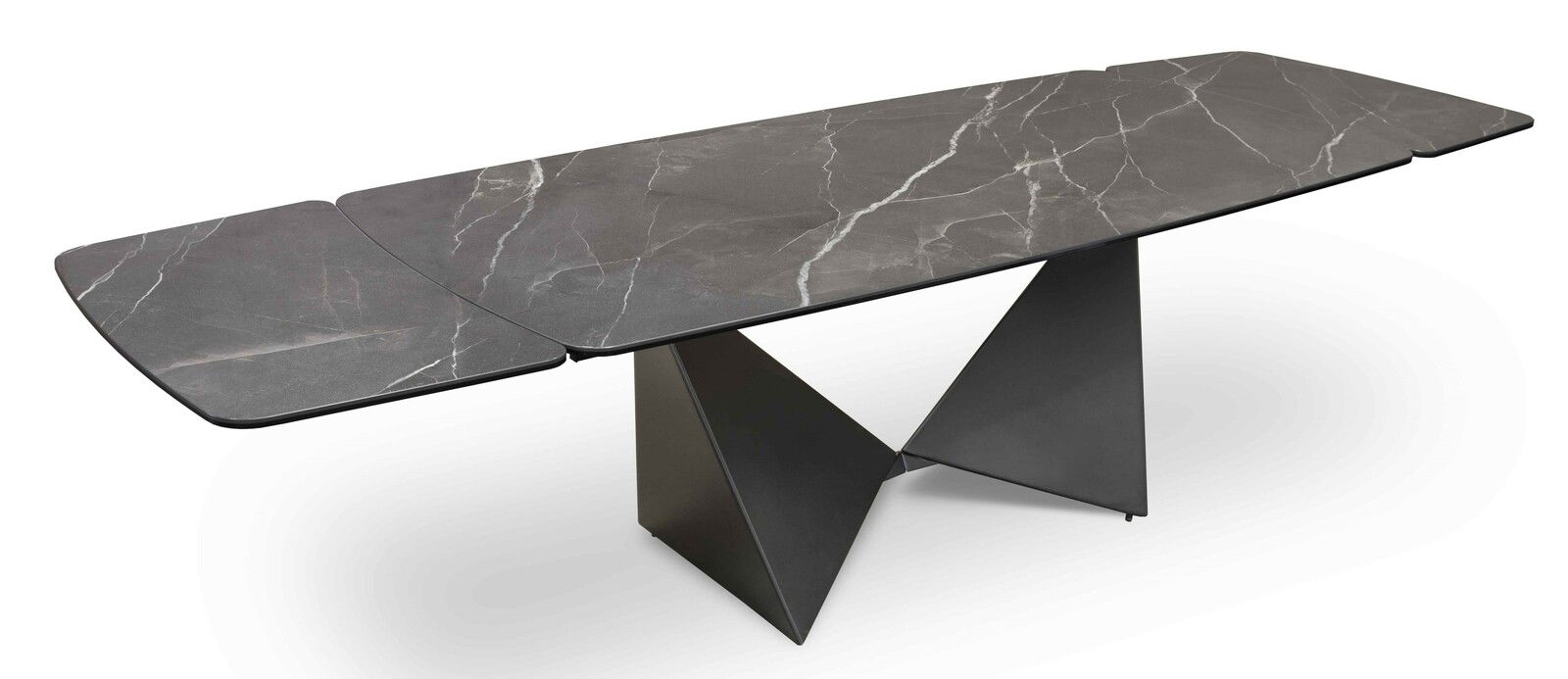 Moderner Esstisch mit grauer Marmoroptik und geometrischem Metallgestell, seitliche Perspektive
