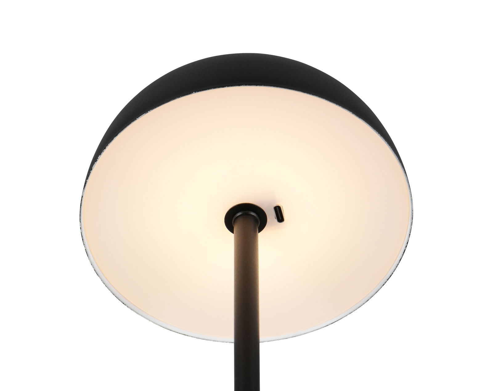 Reality Leuchten Akku-Tischleuchte MUNOZ Unteransicht einer modernen Akku-Tischleuchte mit schwarzem Stiel und leuchtendem Lampenschirm.