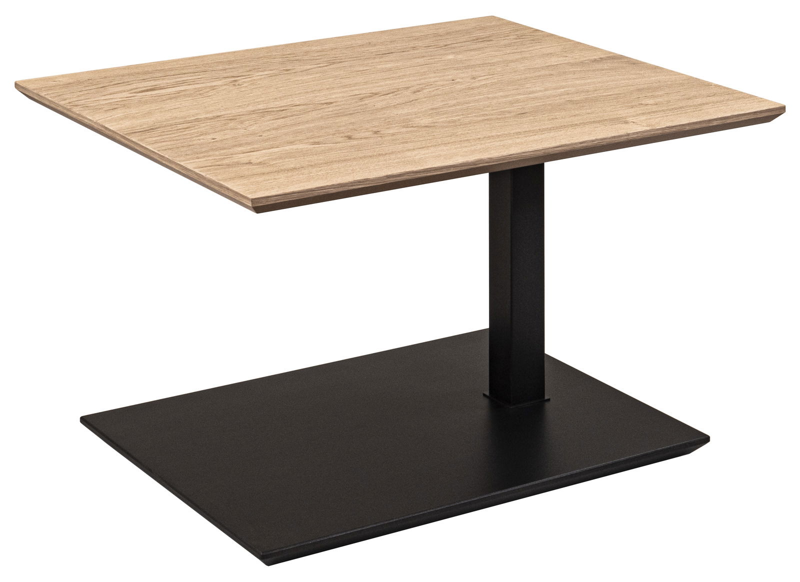 Moderner Couchtisch mit Holzplatte und schwarzem Metallgestell, seitliche Perspektive