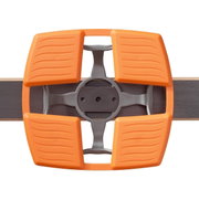 Close-up van een oranje-grijs element van een lattenbodem, gezien van bovenaf