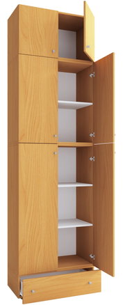 Hoher Holzschrank mit geöffneten Türen und ausziehbarer Schublade unten, mehrere Innenfächer sichtbar; Perspektive: frontale Ansicht leicht von rechts.