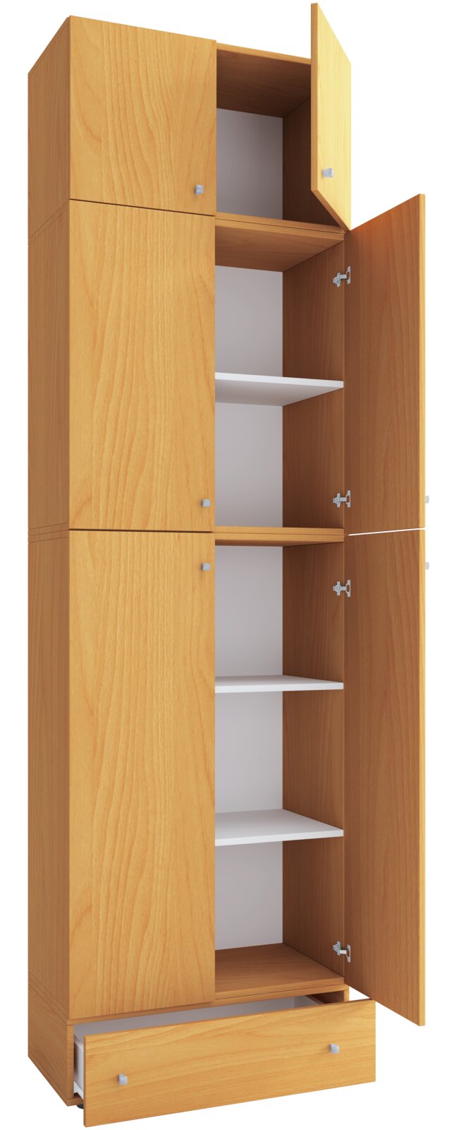 Hoher Holzschrank mit geöffneten Türen und ausziehbarer Schublade unten, mehrere Innenfächer sichtbar; Perspektive: frontale Ansicht leicht von rechts.