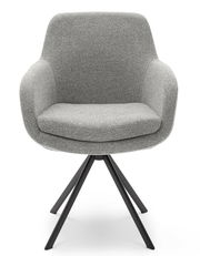 Grauer Armlehnstuhl mit schwarzem Metallgestell, Frontalansicht