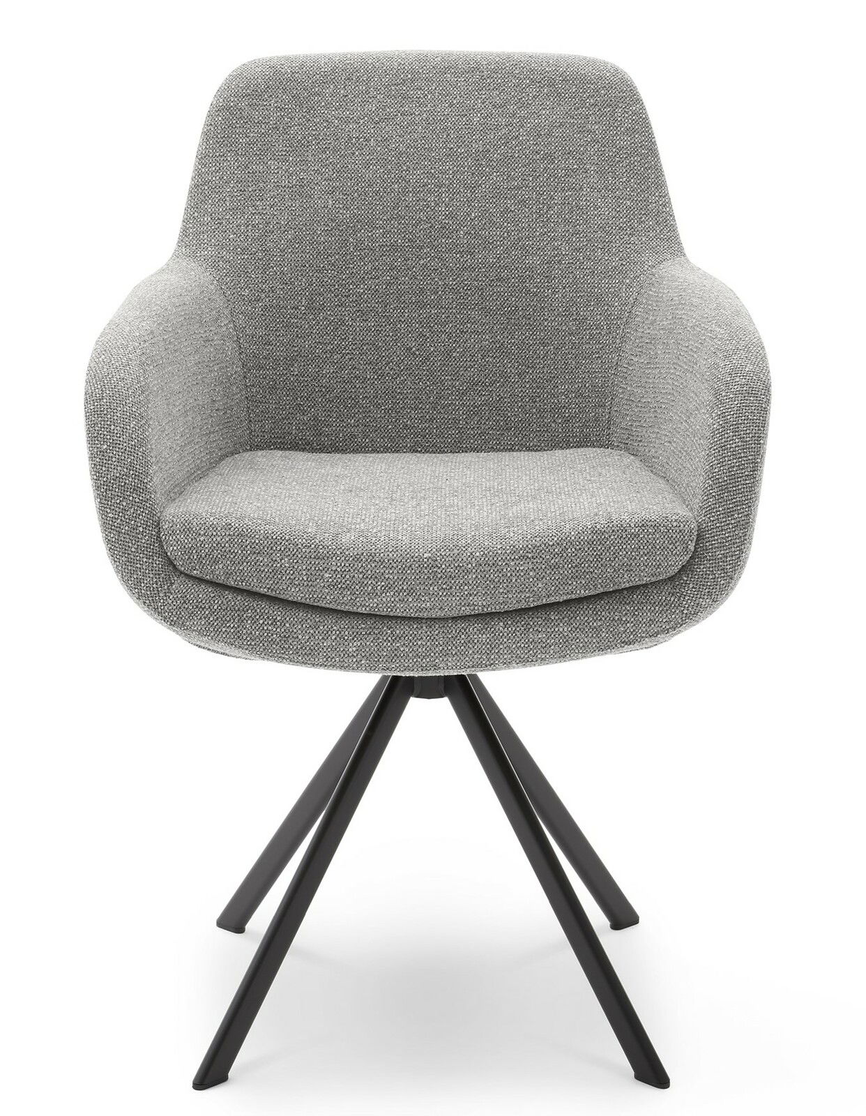 Grauer Armlehnstuhl mit schwarzem Metallgestell, Frontalansicht