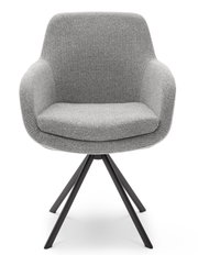 Grijze fauteuil met zwart metalen frame, vooraanzicht