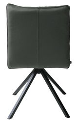 Rückansicht eines modernen Stuhls mit schwarzem Lederbezug und vier schwarzen Metallbeinen.