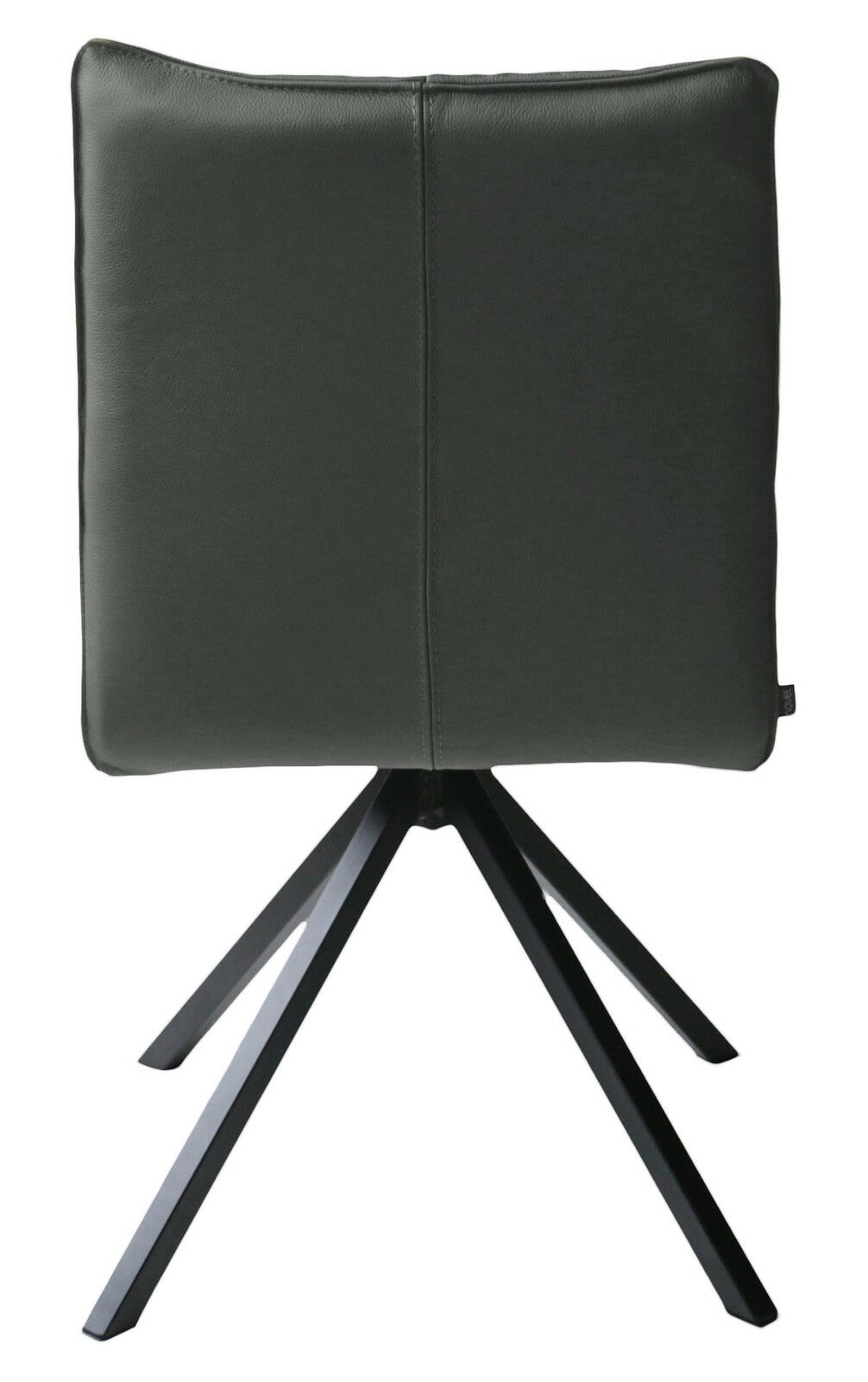 Rückansicht eines modernen Stuhls mit schwarzem Lederbezug und vier schwarzen Metallbeinen.