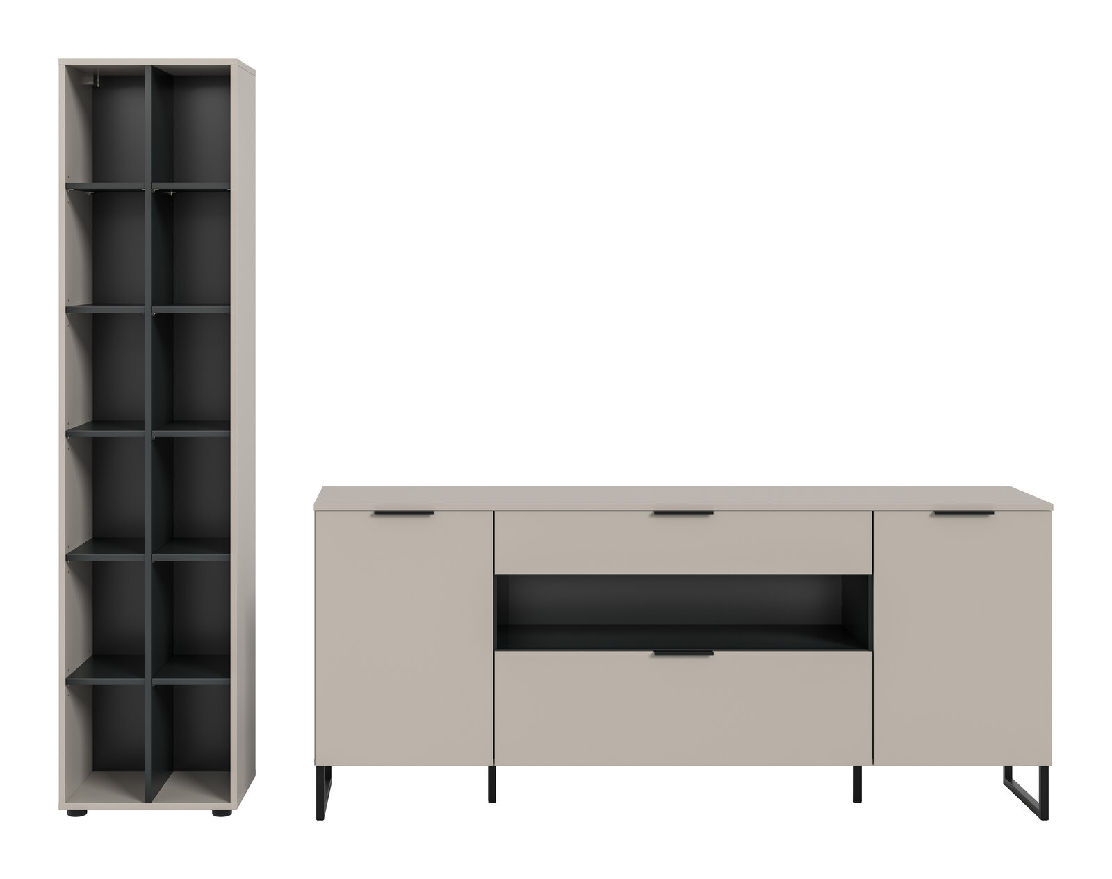 Modernes Möbel-Set aus hohem Regal und Sideboard in Greige mit schwarzen Innenfächern, Schubladen und schlanken Metallfüßen, frontal aus leicht erhöhter Perspektive dargestellt