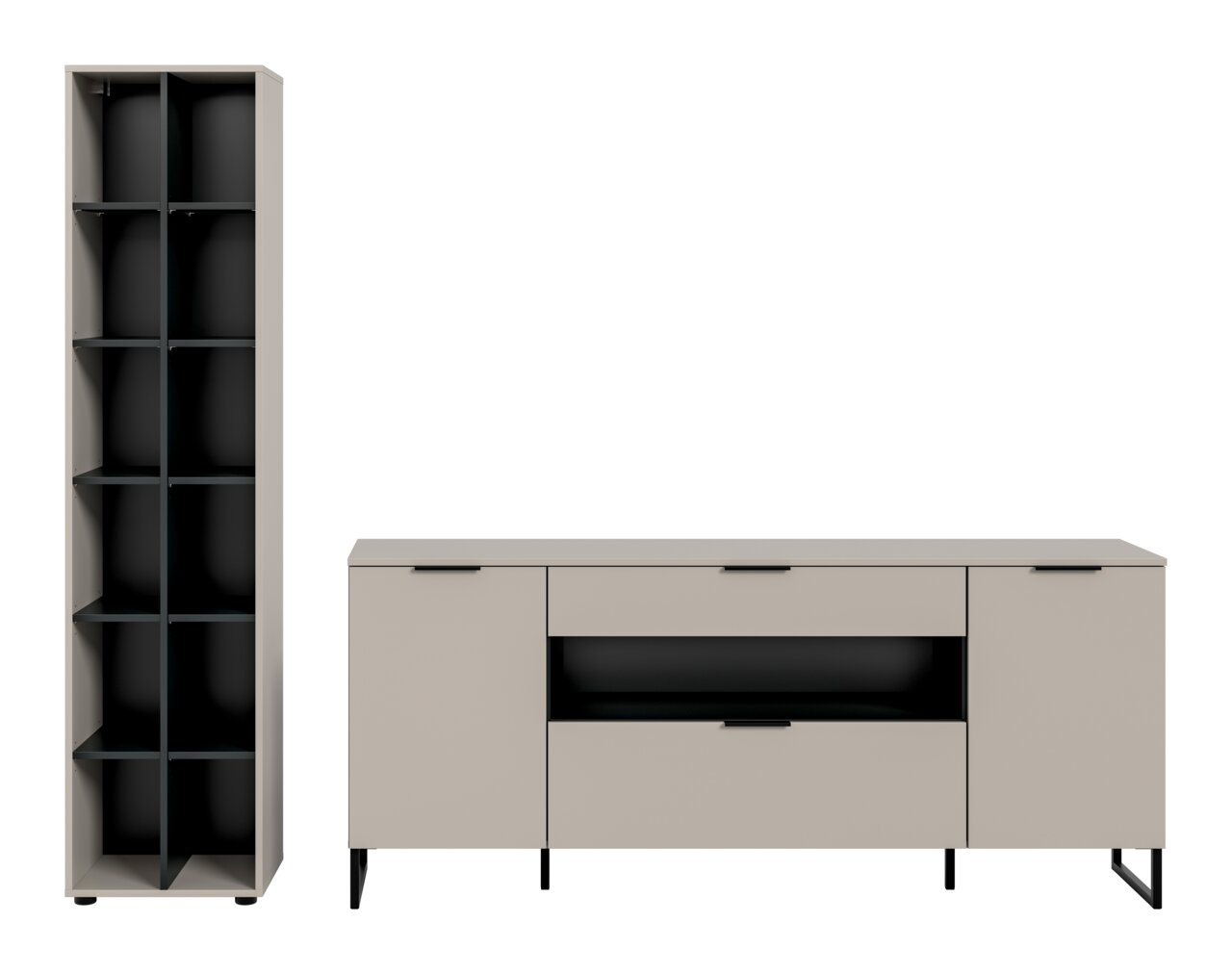 Modernes Möbel-Set aus hohem Regal und Sideboard in Greige mit schwarzen Innenfächern, Schubladen und schlanken Metallfüßen, frontal aus leicht erhöhter Perspektive dargestellt