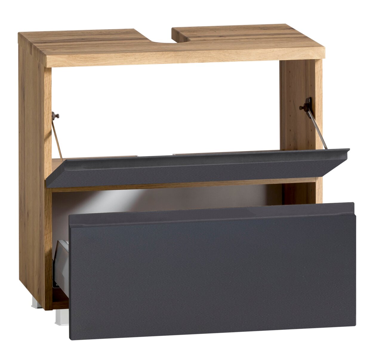 XORA Waschbeckenunterschrank VARESE Waschbeckenunterschrank aus Holz mit grauen Fronten, geöffnete Schubladen, Frontalansicht
