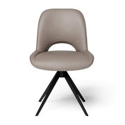 Moderner Stuhl mit grauem Polster und schwarzem Metallgestell, Frontalansicht