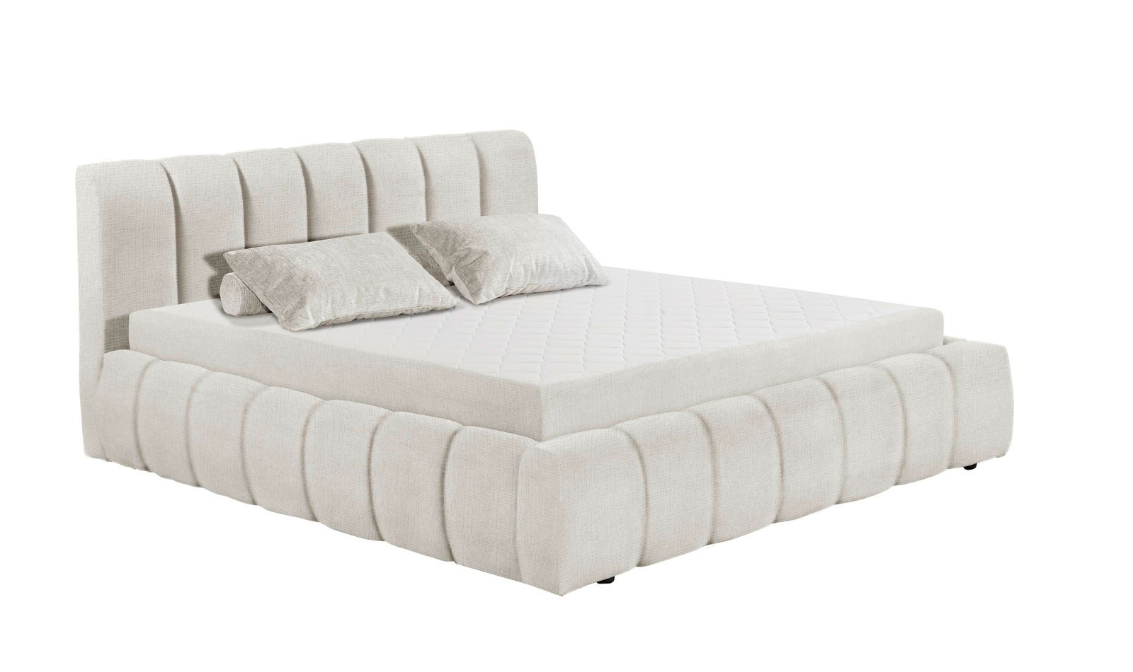 Seitliche Ansicht eines eleganten Polsterbetts in hellem Stoff mit gestepptem Kopfteil und zwei Kissen.