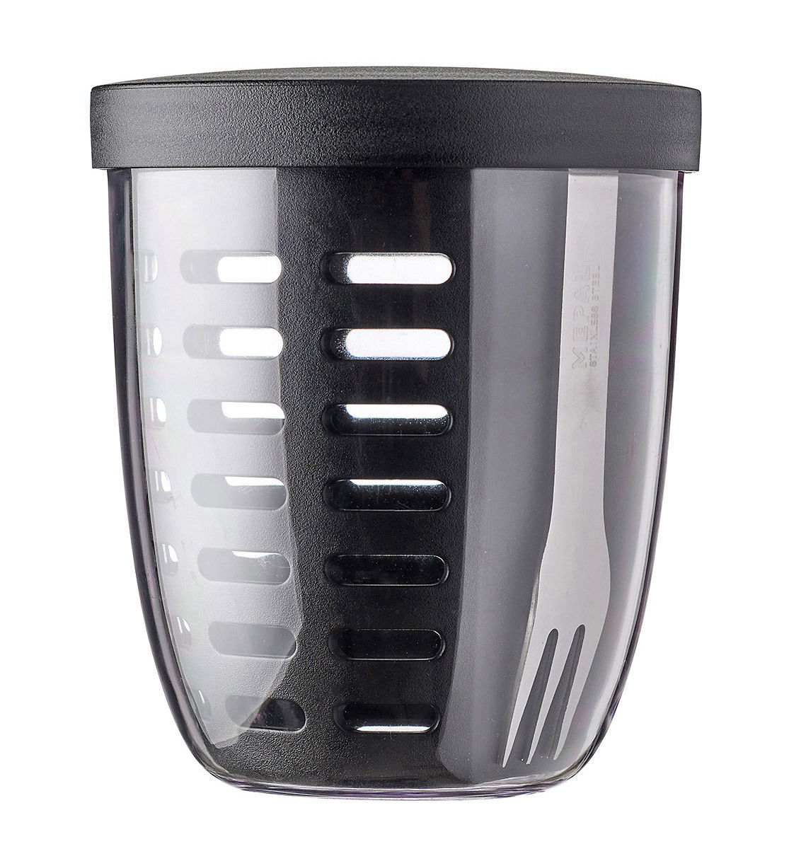 Mepal Fruitpot Nordic black ELLIPSE Frontalansicht eines schwarzen, elliptischen Fruchtbehälters mit transparentem Deckel und integrierter Gabel.