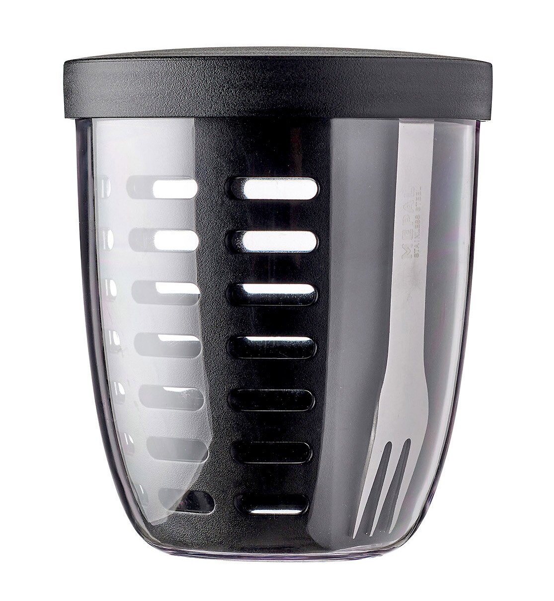 Mepal Fruitpot Nordic black ELLIPSE Frontalansicht eines schwarzen, elliptischen Fruchtbehälters mit transparentem Deckel und integrierter Gabel.