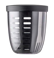 Frontalansicht eines schwarzen, elliptischen Fruchtbehälters mit transparentem Deckel und integrierter Gabel.