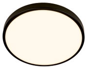 Ronde plafondlamp met matzwarte rand en opaalwitte diffuser, frontaal van onderen gefotografeerd tegen een witte achtergrond