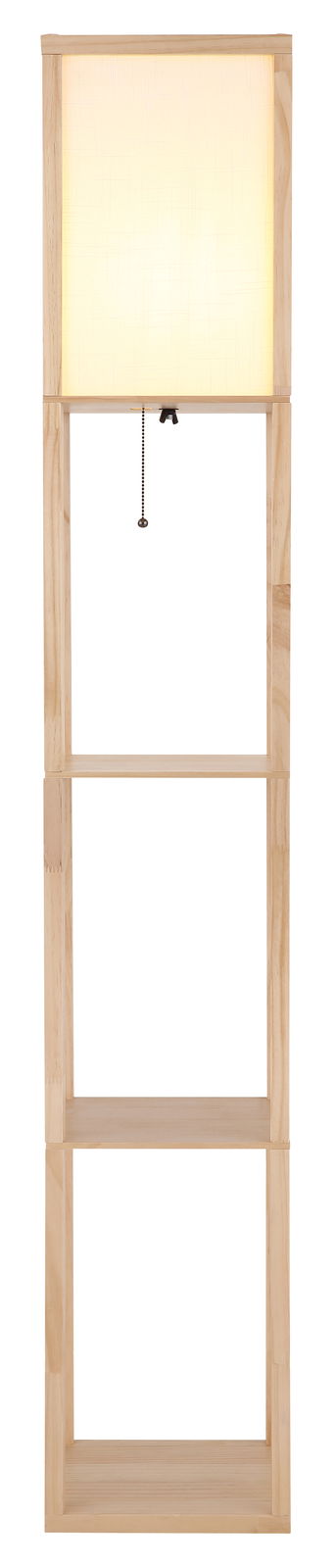 Stehleuchte TABITHA von Globo Lighting aus hellem Holz mit integriertem Regal, frontal abgebildet.