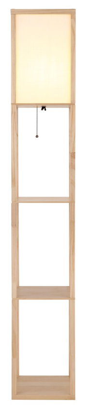 Stehleuchte TABITHA von Globo Lighting aus hellem Holz mit integriertem Regal, frontal abgebildet.