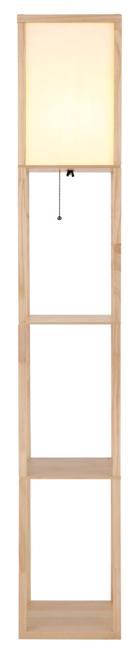 Stehleuchte TABITHA von Globo Lighting aus hellem Holz mit integriertem Regal, frontal abgebildet.