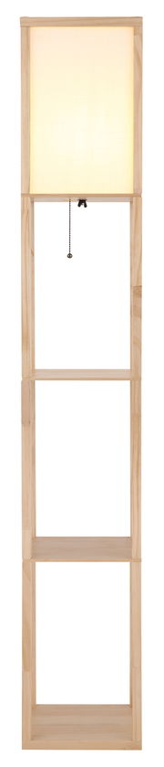 Stehleuchte TABITHA von Globo Lighting aus hellem Holz mit integriertem Regal, frontal abgebildet.