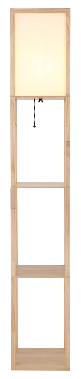 Staande lamp TABITHA van Globo Lighting, gemaakt van lichtgekleurd hout en voorzien van een geïntegreerde plank, hier van voren afgebeeld.