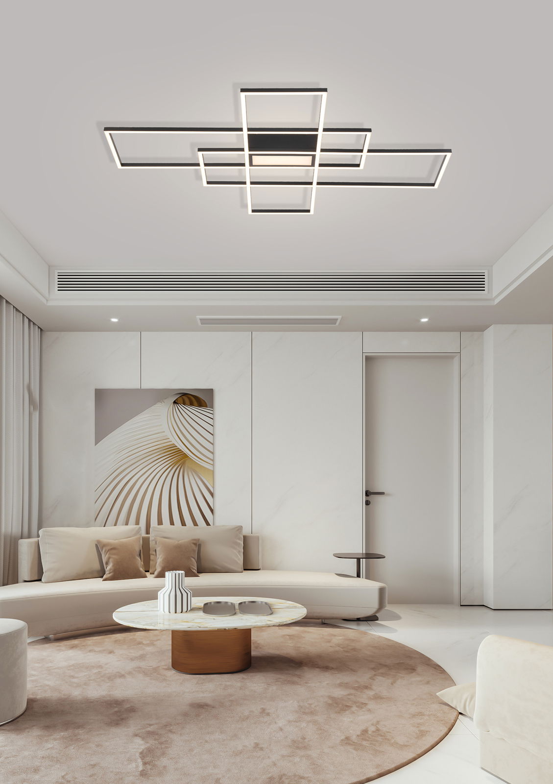 Moderne LED-Deckenleuchte in geometrischem Design, von unten betrachtet in einem stilvollen Wohnzimmer.