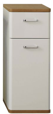 Moderner Unterschrank mit zwei Schubladen, weiß mit Holzoberfläche, Frontalansicht