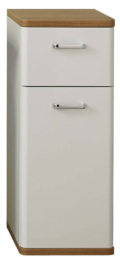 Moderner Unterschrank mit zwei Schubladen, weiß mit Holzoberfläche, Frontalansicht