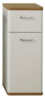 Moderner Unterschrank mit zwei Schubladen, weiß mit Holzoberfläche, Frontalansicht