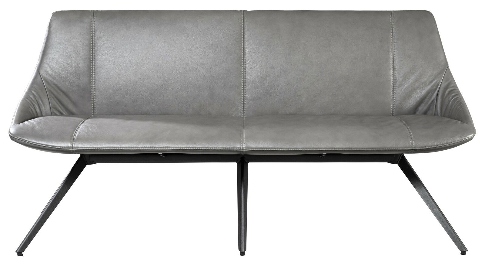 Graue Bank mit modernem Design, frontal fotografiert