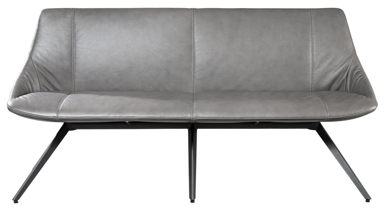 Graue Bank mit modernem Design, frontal fotografiert