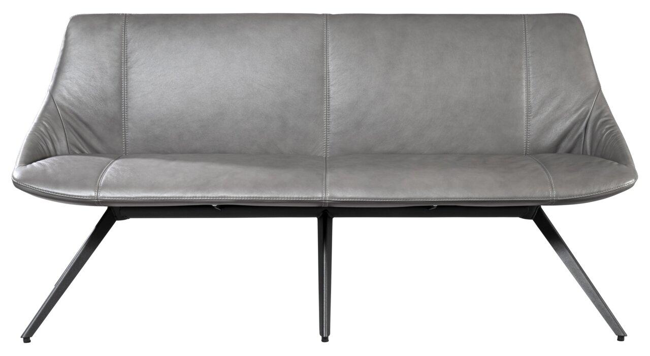 Graue Bank mit modernem Design, frontal fotografiert