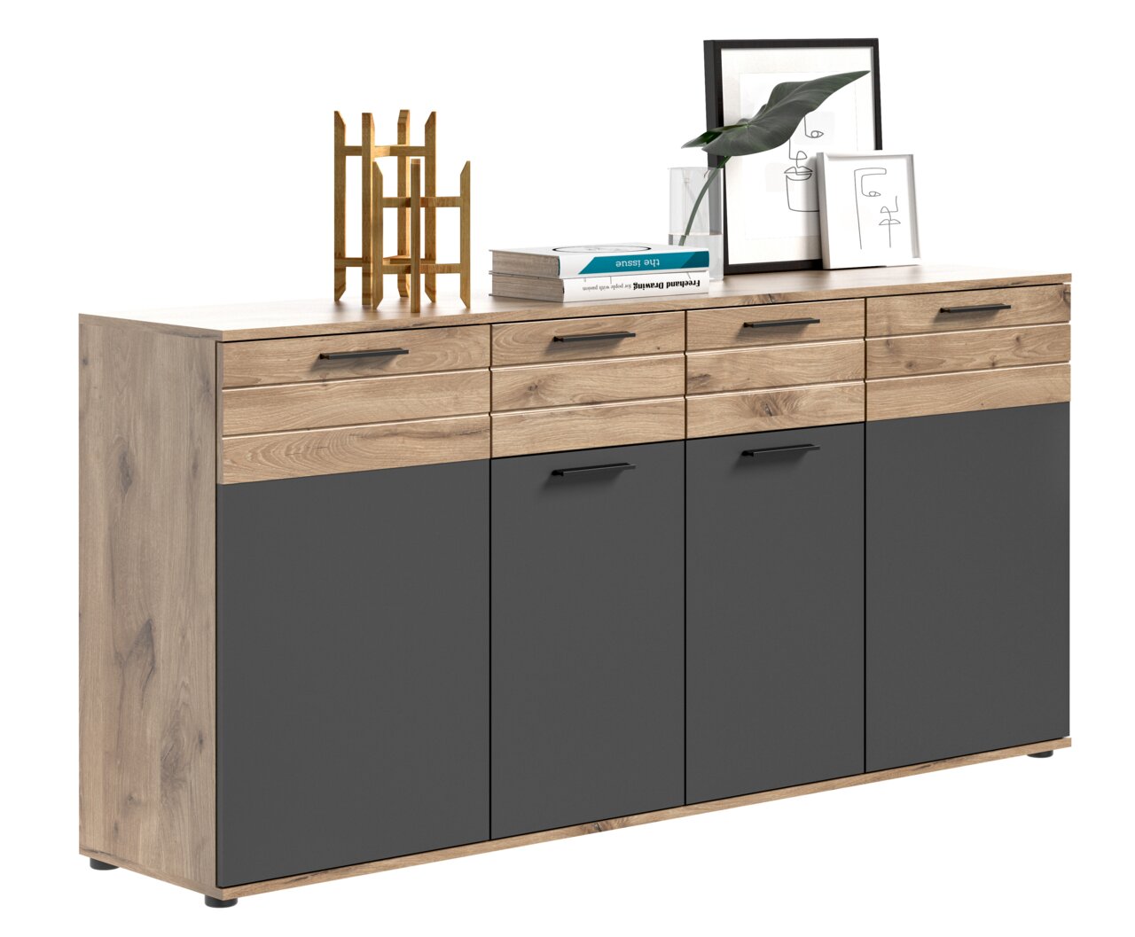 Moderne Kommode mit Holz- und Grautönen, seitliche Perspektive