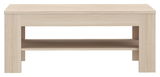 Moderner Couchtisch aus hellem Holz mit zusätzlicher Ablagefläche, Frontalansicht.