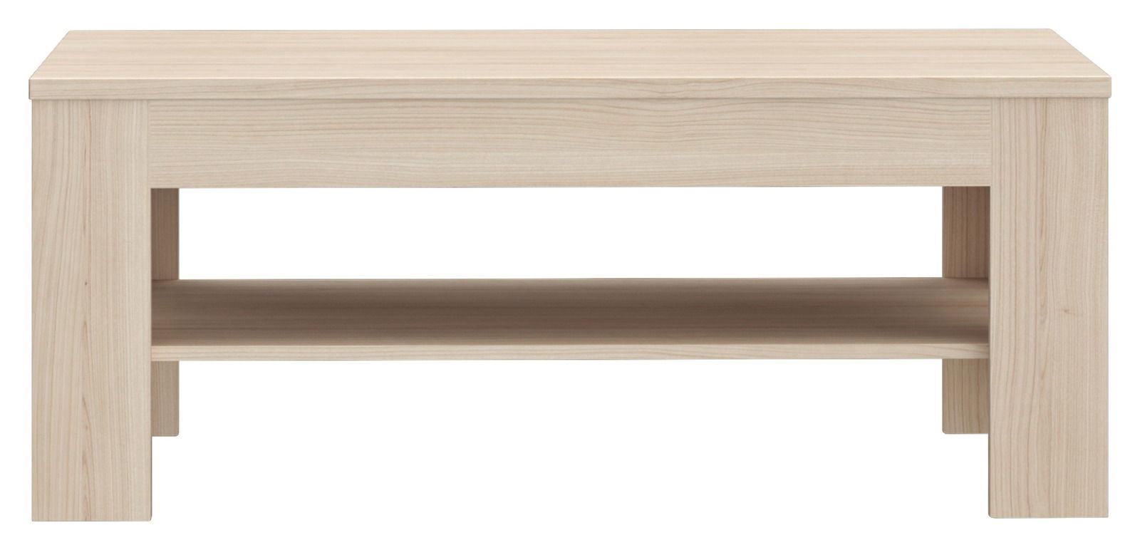 Moderner Couchtisch aus hellem Holz mit zusätzlicher Ablagefläche, Frontalansicht.