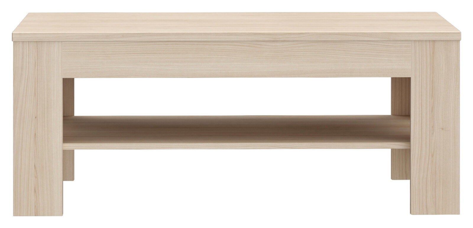 Moderner Couchtisch aus hellem Holz mit zusätzlicher Ablagefläche, Frontalansicht.