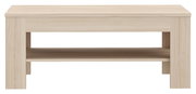 Moderner Couchtisch aus hellem Holz mit zusätzlicher Ablagefläche, Frontalansicht.
