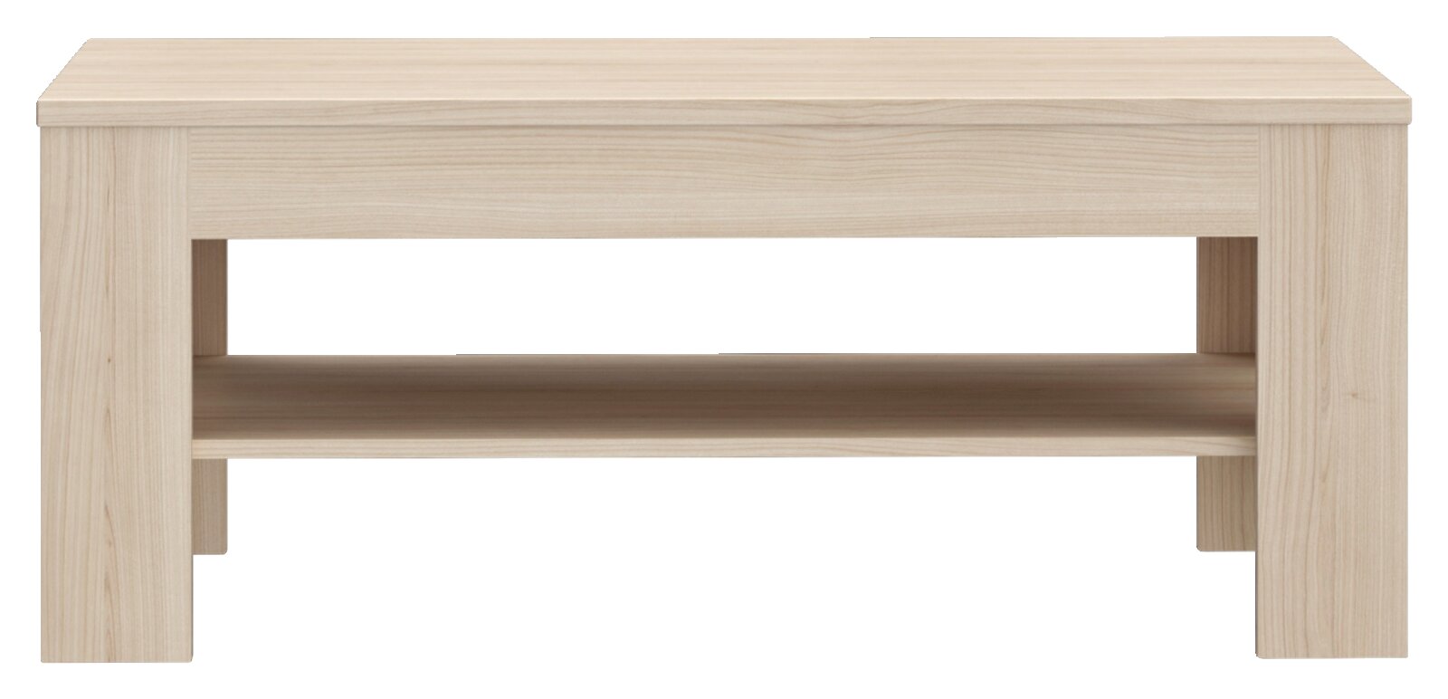 Moderner Couchtisch aus hellem Holz mit zusätzlicher Ablagefläche, Frontalansicht.
