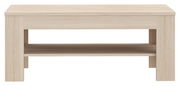 Moderner Couchtisch aus hellem Holz mit zusätzlicher Ablagefläche, Frontalansicht.