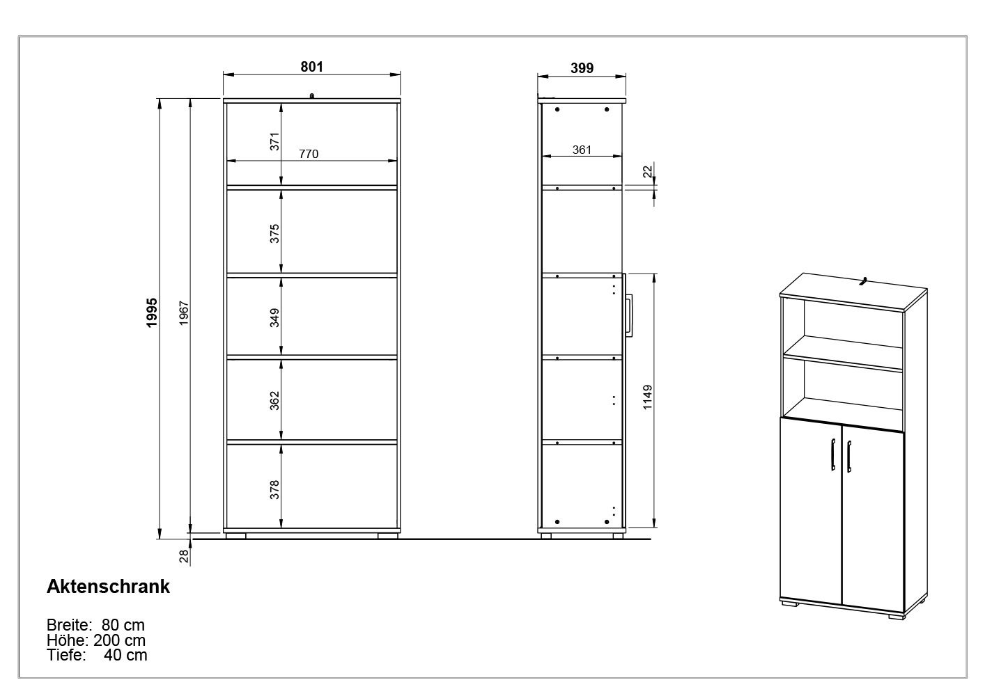 Zeichnung eines Aktenschranks mit den Maßen: Breite 80 cm, Höhe 200 cm, Tiefe 40 cm. Frontale und seitliche Ansicht des Schranks mit mehreren Regalfächern und zwei Türen unten.