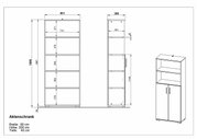 Zeichnung eines Aktenschranks mit den Maßen: Breite 80 cm, Höhe 200 cm, Tiefe 40 cm. Frontale und seitliche Ansicht des Schranks mit mehreren Regalfächern und zwei Türen unten.
