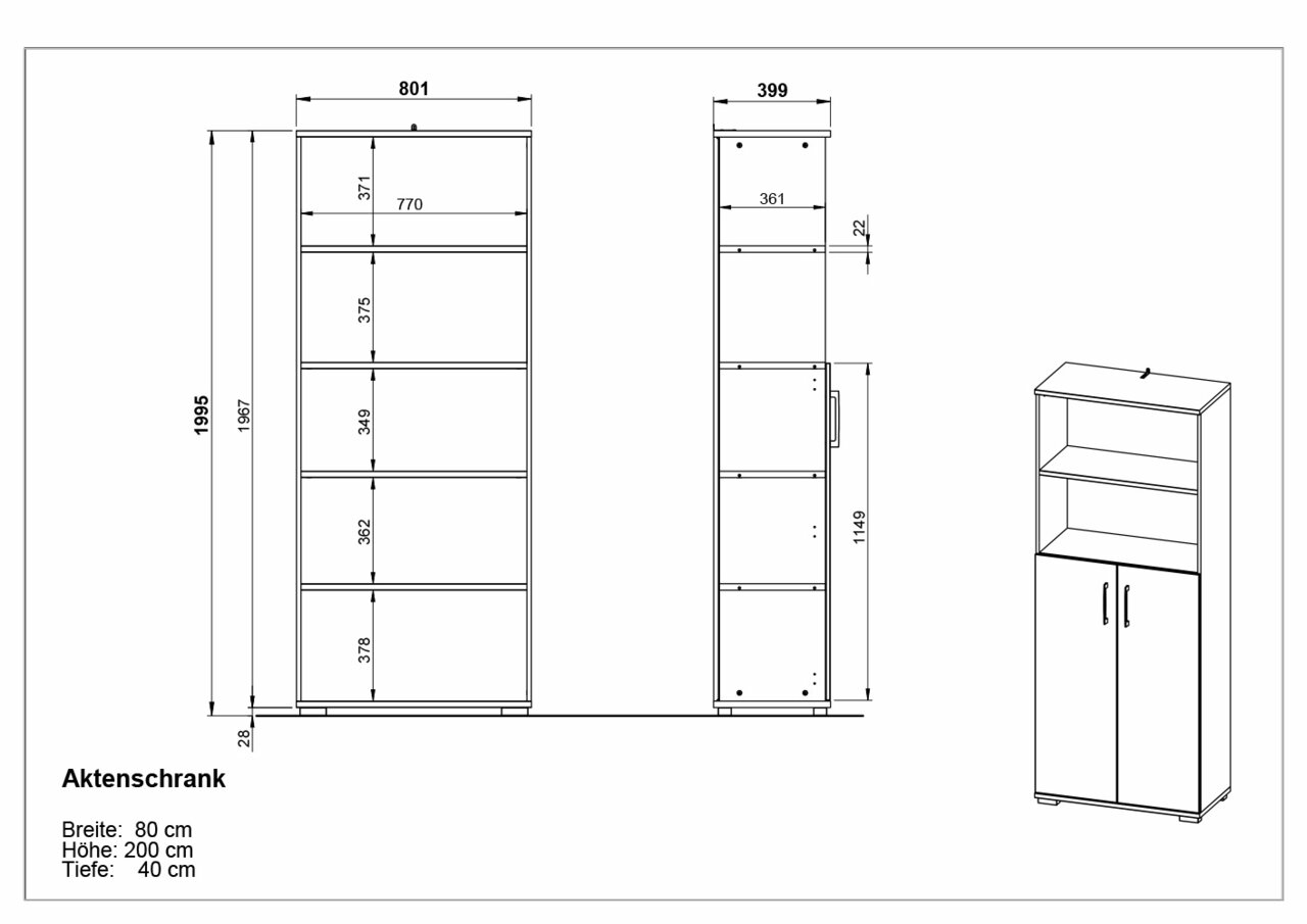 Zeichnung eines Aktenschranks mit den Maßen: Breite 80 cm, Höhe 200 cm, Tiefe 40 cm. Frontale und seitliche Ansicht des Schranks mit mehreren Regalfächern und zwei Türen unten.
